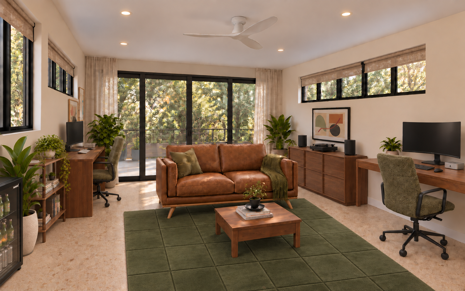 Entry view toward the black patio doors, with tan sofa, sage desk chairs, white ceiling fan, woven blinds, sheers and pale cork flooring.